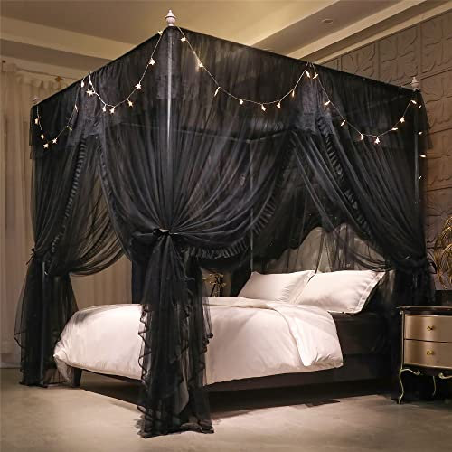 HUOQOU Baldaquin Princesse avec Volants Ciel de Lit Rectangulaire à 4 Ouvertures Moustiquaire Double Couche pour Chambre de Fille Décoration Romantique Doux et Respirant(Noir, 1,5W x 2 l x 2,1 H(m))