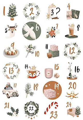 FASLOLSDP Weihnachts Adventskalender Zahlen Aufkleber, Adventskalender 2024, 1 24 Weihnachts-Adventskalender-Aufkleber, Weihnachtsaufkleber, 24 Tage Weihnachts-Countdown Adventskalender Sticker