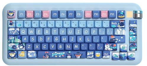 Xtroml Blauer Pinguin mit Wintermotiv, süße Tastenkappe, PBT, Blaue Tastaturkappe, MDA, sehr cartoonhafte, kreative Tastaturkappe für mechanische Tastatur, einzigartige Geschenke für Freunde,138 Keys
