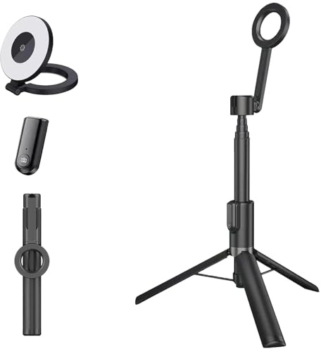 Horizum Magnetic Phone Tripod with Portable Selfie Light, 63 Extendable, 200° Tilt & Detachable Remote for Vlogs/Travel (Black,51in)