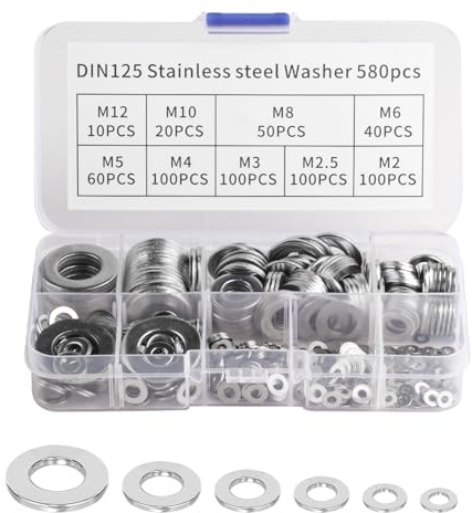580 Stück Edelstahl Unterlegscheiben Set M2-M12 Sortiment | Flache Metallscheiben für Schrauben Bolzen Befestigung und Abstandshalter（M2 M2.5 M3 M4 M5 M6 M8 M10 M12）