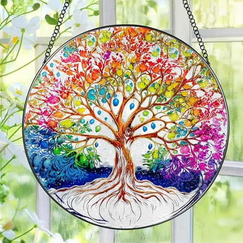 Pauyadu Arbre de vie à suspendre en vitrail Attrape-soleil pour fenêtre d'intérieur, arbre de vie, décoration cadeau pour femme, maman, grand-mère, personnes âgées, famille et amis - 20,3 cm