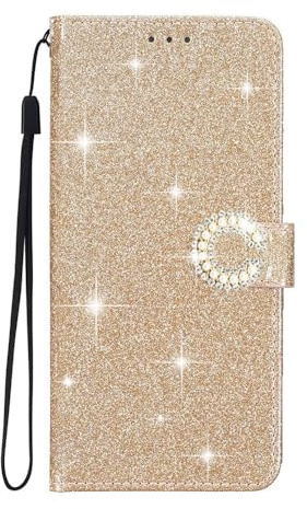 EuoDuo kompatibel mit Huawei P30 Lite Glitzer Klapphülle PU Leder Handyhülle Luxus Glänzend Blume Hülle zum Klappen Kartenfächer Handytasche Damen Mädchen - Gold