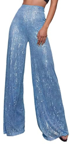 2025-Generisch, lässige Paillettenhose, glitzernde Pailletten, hohe Taille, weites Bein, Schlaghose, Schlaghose, Nachtclub-Kleidung Bodybuilding Hose Damen (Blue, XXL)