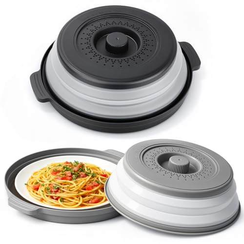 2 Pack Microwave Splatter Cover & Anti-Scald Mat Set, 12 Large Collapsible Food Cover with Vented Lid, Heat-Resistant Silicone Base Mat, BPA-Free Splatter Guard for Plate, Pot & Meal Prep
