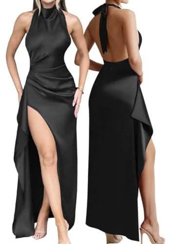 AOWVUTS Robe Femme Sexy Longue Robes Maxi Dos Nu Fendue en Satin Robe de Soirée sans Manches Col Halter Chic Et Elégant Robes de Cocktail Party Demoiselle d'honneur