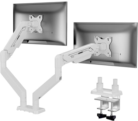 ETHU Dual Gas Spring Monitor Arm for 17-38 Screens up to 12kg | Heavy Duty Adjustable VESA Mount, Ergonomic Desk Stand, C-Clamp and Grommet Installation, Full Motion Monitor Stand, White