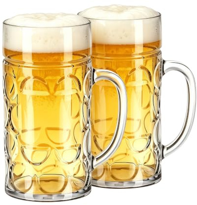 HAOHEJIA 2er Set Biergläser 1 Liter/Plastik Bierkrug mit Henkel/Stabiler Bierkrüge/Bierseidel/Klarsichtige große Bierkrüge aus Plastik für Bargetränke/Beer Mugs