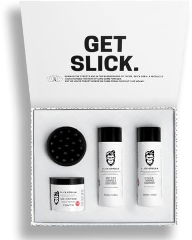 Slick Gorilla Pflege-Box-Set – Haarpflege-Geschenkset mit 2-in-1-Shampoo | Detox-Shampoo | Kopfhaut-Peeling und Kopfhautbürste für Glattes | Welliges oder Lockiges Haar
