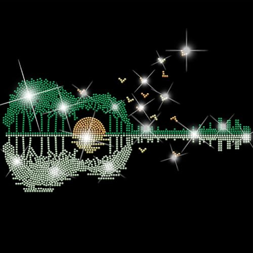 SUPERDANT Gitarre Sonnenuntergang Kristall Strass Bügeltransfer Reflektierend Glitzer Strass Applikation Aufnäher DIY Transfer Abziehbild Für Kleidung T-Shirt Kapuzenpullover Jacken Tasche Kissen