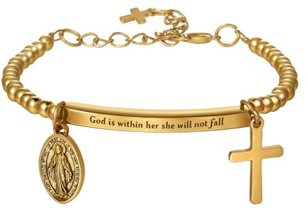 JewelryWe Motivierendes Armband Perlenarmband für Damen: Gold Edelstahl Bibelvers God is Within her she Will not Fall Armkette mit Kreuz & Jungfrau Maria - Christliches inspirierendes Schmuck