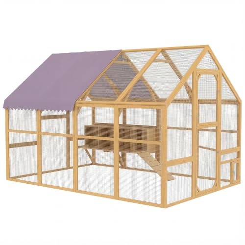 PawHut Hühnerstall 5,2m² 2,8x1,8x1,9m mit Freilauf Sicherheitsschloss Gelb | Holz Freilaufgehege Teilbare Tür 4 Nistkasten Dach Rampe begehbar Hühnergehege Katzengehege für 8-12 Hühner Kaninchen Ente