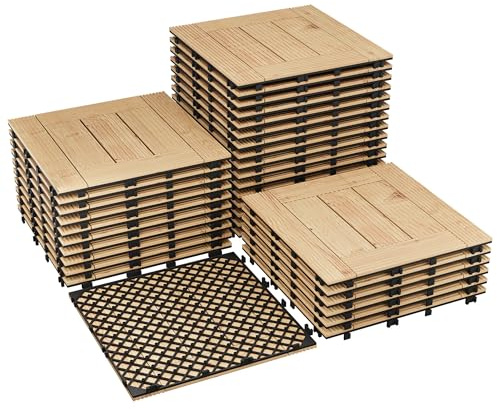 Dalles emboîtables antidérapantes en bois d'acacia massif 30x30cm – Sol imperméable pour terrasse, balcon, jardin, piscine (Couleur primaire, Lot de 22)
