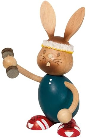 Kuhnert Drechslerei Osterdekoration/Osterhase „Stupsi Hase beim Sport“ 11 cm, aus feinstem Holz, für EIN Bezauberndes Osterfest oder eine dauerhafte Dekoration, Holzkunst Made in Germany