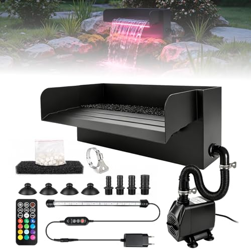 30 cm Edelstahl Wasserfall Set komplett mit LED Fernbedienungsleuchten & 45 W 3500 L/h Wasserpumpe & 3 m Schlauch, Deko-Wasserspiele, Pool Wasserfall & Bachlauf Sets für Garten Teich Schwimmbad