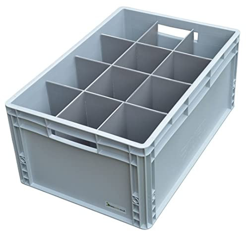 Glassware Storage Crate Box Container | Euro Crate Including Internal Dividers - Glassjacks, Glass or Item max. Width 111mm, Glass max. Height 250mm. 12 Cells