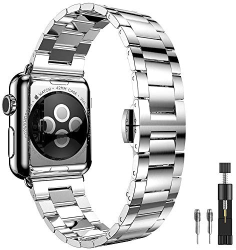 PUGO TOP Strap Compatible With Apple Watch Ultra 2/9/8/7/6/5/4/3/2/1, Ultra Slim Stainless Steel Series Band for iWatch (Silver 42mm/44mm/45mm/49mm)