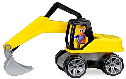 Lena 4401 mit vollbeweglicher Spielfigur, Baustellen Spielfahrzeug für Kinder ab 2 Jahre robuster Schaufelbagger mit funktionstüchtigen Baggeram und Haltegriff, gelb, ca. 44 cm