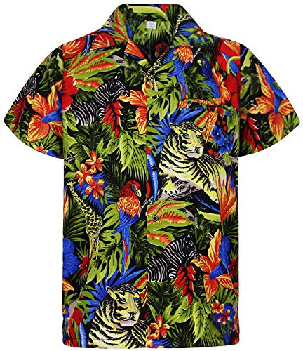 V.H.O. Funky Hawaii-Hemd, Herren, Kurzarm, Jungle, Schwarz, 7XL