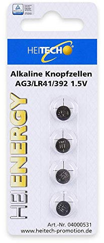 HEITECH 4000531 - Batterie alcaline a bottone, Testate TÜV, AG3/LR41/392, 1.5 V, Confezione da 4
