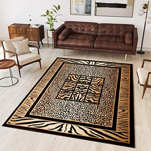 TAPISO Atlas Teppich Kurzflor Afrika Tiermuster Tiger Leopard Rahmen Braun Beige Schwarz Bordüre Wohnzimmer Schlafzimmer Modern Design ÖKOTEX 160 x 230 cm