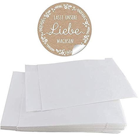 Blütensamen Tüten Set 24 Flachbeutel WEIß 63 x 93 mm + 24 Sticker LASST UNSERE LIEBE WACHSEN Kraftpapier Look Natur 4 cm matt rund Samen Gastgeschenke Tischdeko Hochzeit Geburtstag Taufe