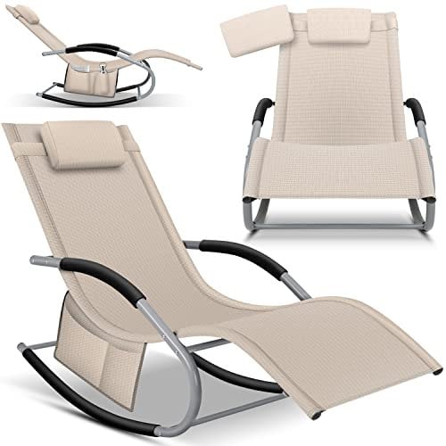 KESSER® Sonnenliege Relaxliege Schwungliege | Gartenliege | Gartenstuhl | Liegestuhl | Schaukelsessel | ergonomische Relaxsessel |Kopfkissen |wetterfest |150 kg Belastung |Inkl. Seitentasche, Beige