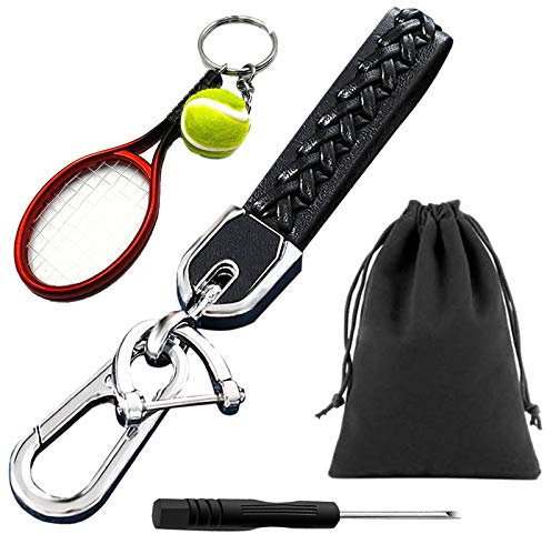 Porte-clés de Tresse en Cuir avec Crochet Acier Inoxydable Détachable Porte-Clef avec Raquette de Tennis de Simulation Porte-clés Pendentif pour Mâle et Femelle Couple Vacances Cadeau Avec Sac Cadeau