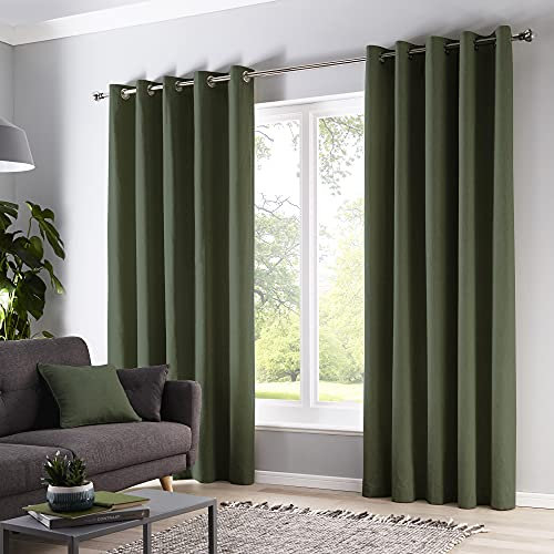 Fusion - Olive Green Curtains W46 x L90 (117 x 229cm) - Green Eyelet Curtains - 100% Cotton Curtains for Bedroom/Living Room - Door Curtain - Thermal Drapes/Window Treatment - Sorbonne Collection