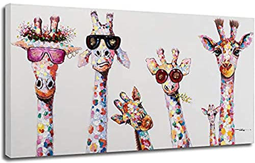 Giraffe Leinwand Malerei Dekorative Gemälde Kunst Bunte Öl Tier Giraffe Eine Familie Mit Brille Leinwand Bild Dekor 75x150cm (30x59in) Mit Rahmen