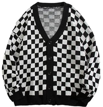 Schachbrett-Strickjacke, Damen, Pullover, koreanisch, einreihig, gestrickt, locker, übergroßer Pullover, Plaid, lässig, modisch, lange Ärmel