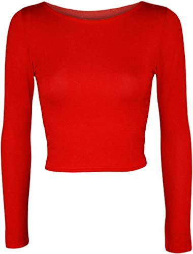 Womens Crop Long Sleeve T Shirt Ladies Short Plain Round Neck Top Ladies Fitness Workout Running T Shirts Plain Cropped Tops (Red UK 12-14)
