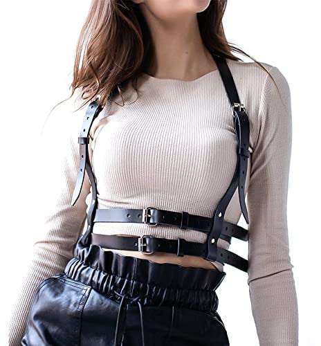 Punk Leder Körperkette Damen Leder Gürtel Körper Brust Kette Schwarz körperkette taillengürtel Verstellbare für Frauen Mädchen Cosplay Sexy Damen