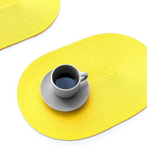 FunWheat Ovale, geflochtene Tischsets, Tischsets für Esstische, waschbar, hitzebeständig, für den Innen- und Außenbereich, ca. 30, 5 x 44 cm, 4 Stück, Gelb