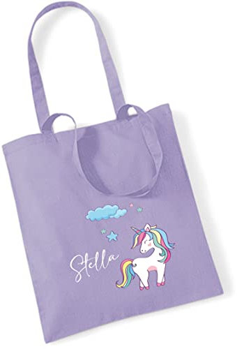 Jutebeutel Einhorn mit eigenem Namen bedruckt | große Stofftasche Baumwolle Unicorn Wolke Sterne | Personalisierter Kitabeutel Mädchen(lavendel)