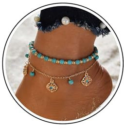 Wendalern Boho Geschichtet Türkis Fußkettchen Blau Perlen Strand Fußkettchen Armbänder Gold Türkis Quaste Fußkettchen Vintage Hohle Blume Fußkettchen Fußkette Schmuck Für Frauen Mädchen