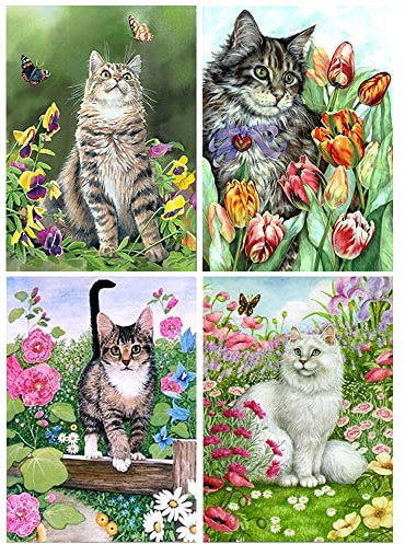 5D Diamond Painting Bilder 4 Set 30x40 cm Diamond Painting Katze in Blumen Diamant Painting für Erwachsene 4 Stück Diamant Malerei Malen nach Zahlen Full Drill Kristall Set für House Wall Dekoration