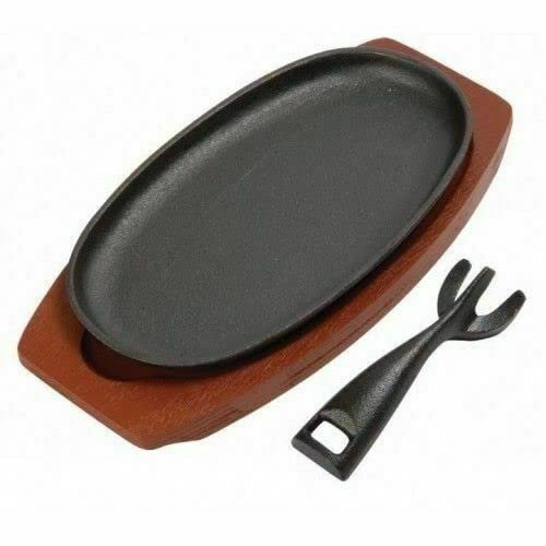 Cast Iron Sizzler Pan 9 x 5 Oval Sizzling Serving Plate Dish Steak Platter Quality Wood Base Stand Home Restaurant Hot Sizzling Dishes