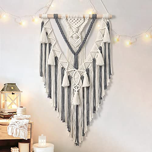Dremisland Boho Makramee Wandbehang Geometrischer Gewebte Wandteppich Beige und Grau Baumwolle Handgemacht Wandkunst Tapisserie mit Quasten Wanddekor für Party Schlafzimmer Wohnzimmer Kinderzimmer