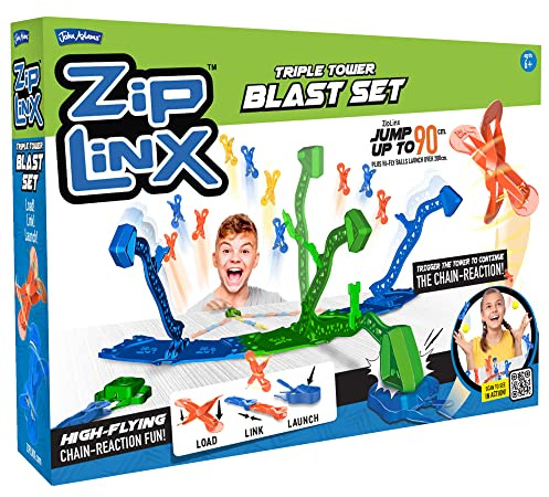 John Adams | ZipLinx - Triple Tower Blast Set: high-flying chain-reaction fun! | Jumping Domino Action | Domino and Tile Games | Ages 6+