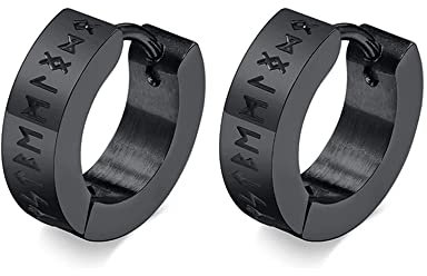 BlackAmazement 2er Set 316L Edelstahl Creolen Huggie Ohrring Piercing Runen geprägt Wikinger Kelten Schriftzeichen schwarz silber Biker Herren Damen (Schwarz)