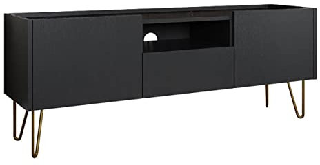 Mirjan24 TV Lowboard Madaris MRTV144 mit 2 Türen und Schublade, Metallfüße mit Gold pulverbeschichtet, Fernsehtisch Fernsehschrank Sideboard TV Schrank TV Bank (Schwarz Graphit/Marmor Schwarz Royal)
