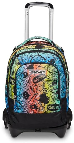 Seven Trolley Scuola JACK 3 RUOTE DETACH -FLUO STAMP, Multicolore -Zaino Uso 3in1 -Tasca frontale -CrossOver System -Tasca Porta Borraccia -Maxi ruote, Zaino Scuola, Trolley Viaggio Bambino