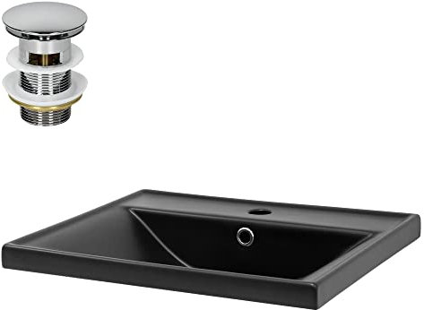 ML-Design Lavabo en Céramique Noir Mat 51x41,5x15,5 cm, Rectangulaire, avec Bouchon de Vidange 1 1/4, Trop-Plein et Trou pour Robinet, Vasque à Encastrer Moderne, Évier Lave-Mains Salle de Bain