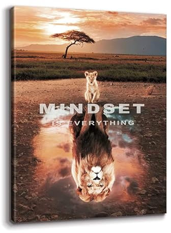 KAWAHONE Mindset Is Everything Wandkunst Löwe, inspirierende Leinwand, Wandkunst, Poster, Unternehmer-Zitate, Erfolg, Leinwand-Kunstwerk für Schlafzimmer, fertig zum Aufhängen, 76.2x101.6 cm (BxH)
