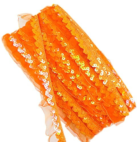 12Yards 25-30mm Vintage Glitzer Pailletten Organza Rüschen Borten Spitzenband Paillettenband Spitzenborte Dekoband Zierband Pailletten Bänder Plissiertborten für DIY Nähen Hochzeit Kostüme Deko,Orange