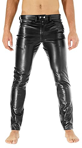 Bockle® Push-Strap Gay-Zip Kunstlederhose Stretch Glanz | Faux Leder, eingebauter Jockstrap, durchgehender Reißverschluss, Lederimitat