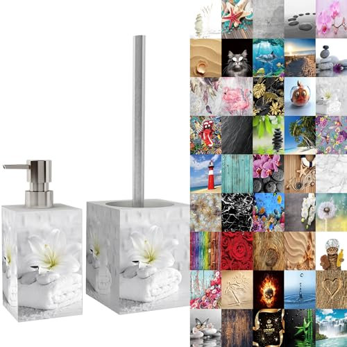 Sanilo Badezimmer Set, Seifenspender und WC Bürste mit Motiv, große Auswahl, Klobürste ohne Bohren, schöne Designs (Good Feeling)