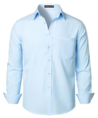 PARKLEES Men's Regular Fit Dress Shirt Solid Wrinkle-Free Long Sleeve Casual Business Button Up Shirts with Pocket PZSSCL05-Sky Blue L