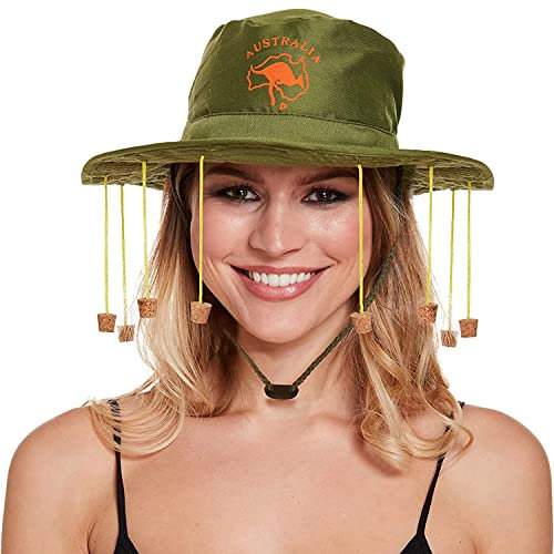HD Novelty Australischer Hut mit Kork Erwachsene Aufblasbarer Känguru-Druck Dundee Fancy Style Kleid Hut Party Zubehör Kit Australien Tag Hut Aussie Krokodil Jäger Hut